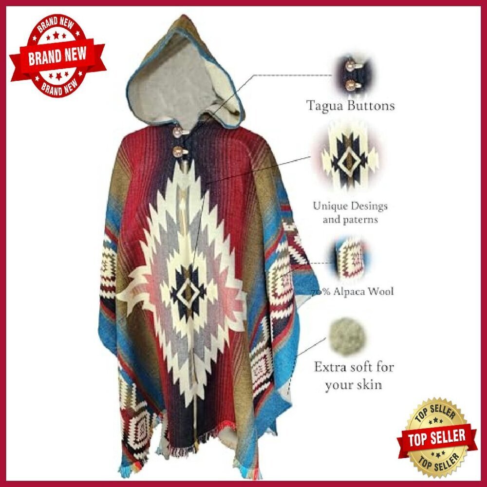 Handmade Alpaca Wool Poncho Hooded Oversized Mens Outerwear - Picture 5 of 8